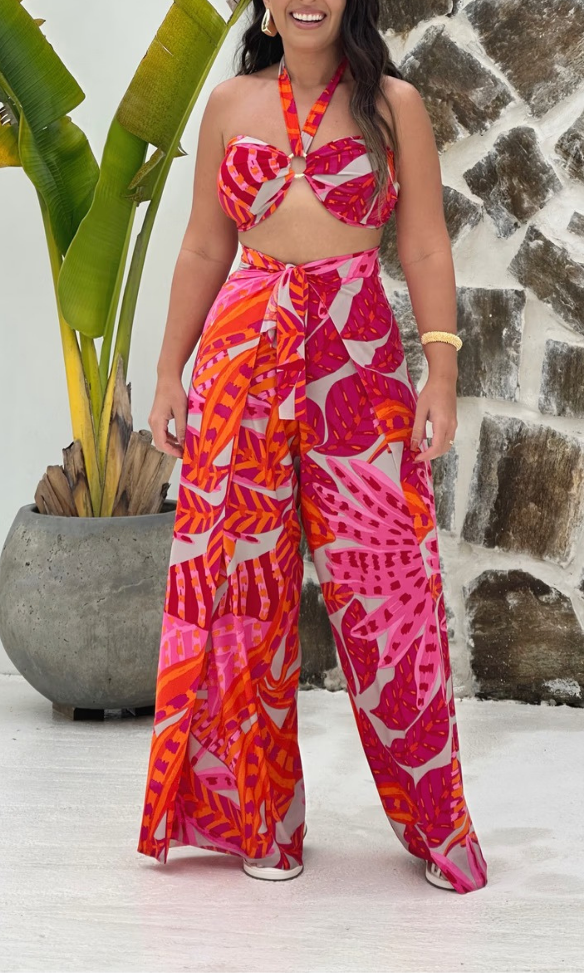 KIT TRÊS PEÇAS CALÇA MACACÃO FLORA LARANJA